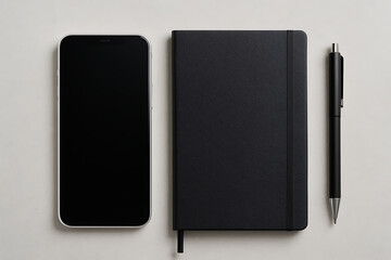 Modern digital and analog tools featuring a large black smartphone next to a leather bound journal and a professional pen on white mockup