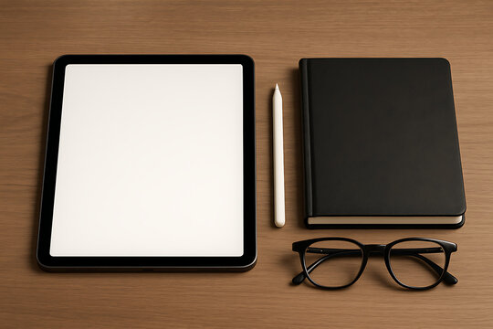 Perspective view of a digital tablet with a white stylus and black journal notebook plus glasses on a wooden table for branding mockup - Powered by Adobe