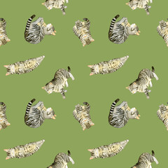 かわいいキジトラ猫のシームレスパターン　動物・ペットの手描き水彩イラスト背景素材