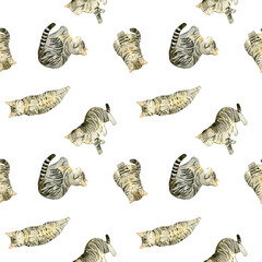 かわいいキジトラ猫のシームレスパターン　動物・ペットの手描き水彩イラスト背景素材