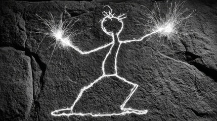 Energetic stick figure illuminated by sparklers in a dynamic celebratory pose against a textured dark background