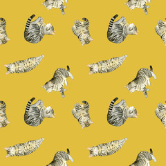 かわいいキジトラ猫のシームレスパターン　動物・ペットの手描き水彩イラスト背景素材