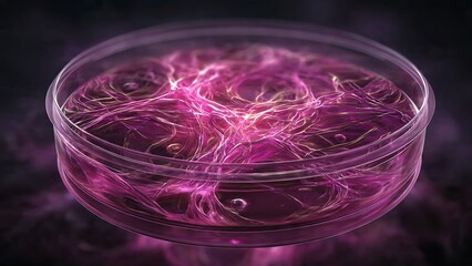 Abstract scientific concept of a petri dish with glowing pink cells, ideal for medical research and biotech projects