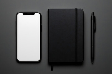 Black smartphone and leather notebook with pen on dark background for professional branding and corporate identity presentation in a minimalist workspace desk mockup