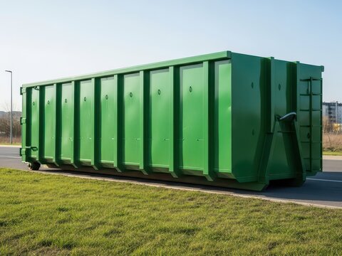 Large green metal dumpster on wheels outdoors on grassy area