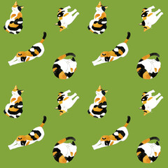 かわいい三毛猫のシームレスパターン　動物・ペットの手描き水彩イラスト背景素材