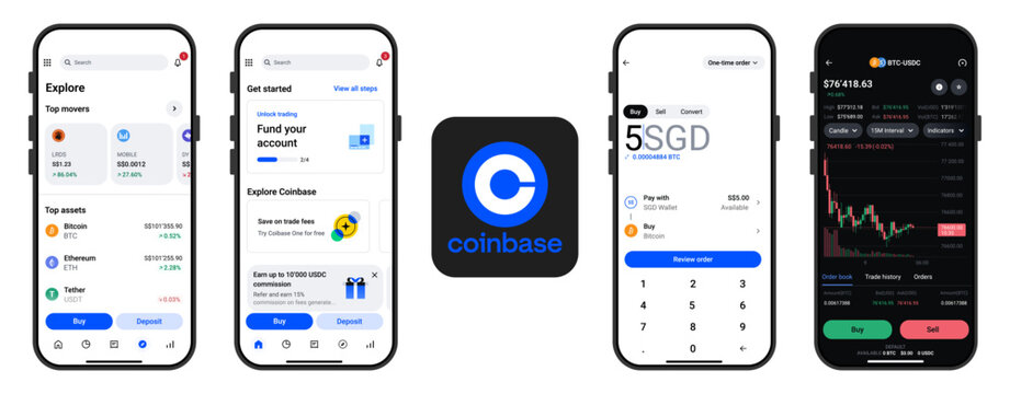 Coinbase mobile trading interface on smartphone screen, digital crypto wallet design
Coinbase cryptocurrency exchange app UI with buy sell chart and balance screens