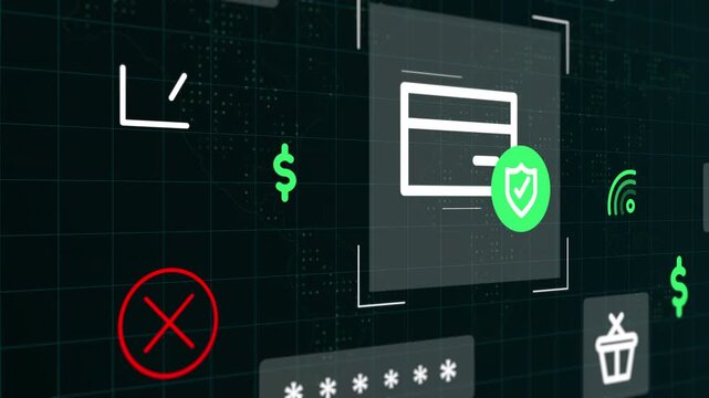 Multi layered dashboard combining payment security icons with background financial growth charts and line graphs.