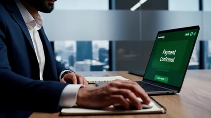 Close-up of a man in a suit intently analyzing financial data and charts on a laptop screen, making an online payment at a contemporary wooden office desk. - Powered by Adobe