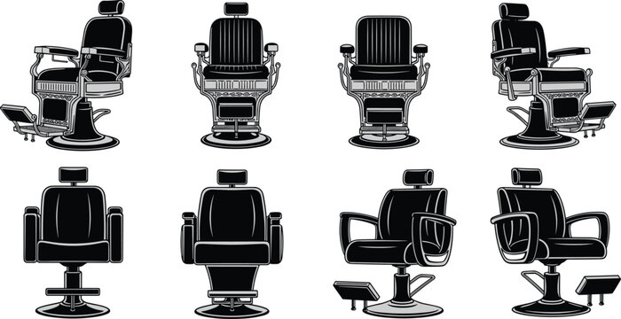 Barber chair collection, vintage salon furniture, modern grooming seat vector, hairdressing decor illustration, barbershop equipment design, professional salon art