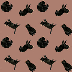 かわいい黒猫のシームレスパターン　動物・ペットの手描き水彩イラスト背景素材