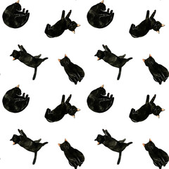 かわいい黒猫のシームレスパターン　動物・ペットの手描き水彩イラスト背景素材