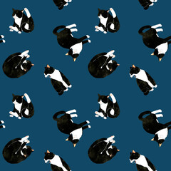 かわいい白黒ハチワレ猫のシームレスパターン　動物・ペットの手描き水彩イラスト背景素材