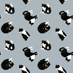 かわいい白黒ハチワレ猫のシームレスパターン　動物・ペットの手描き水彩イラスト背景素材