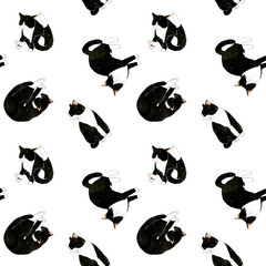 かわいい白黒ハチワレ猫のシームレスパターン　動物・ペットの手描き水彩イラスト背景素材