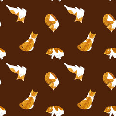 かわいい茶白猫のシームレスパターン　動物・ペットの手描き水彩イラスト背景素材