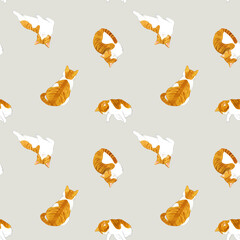 かわいい茶白猫のシームレスパターン　動物・ペットの手描き水彩イラスト背景素材