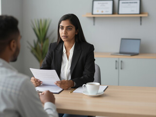 Serious Young Indian Businesswoman Holding Resume During Job Interview At Office Desk