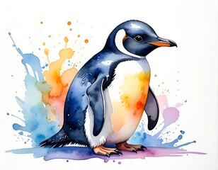 Watercolor painting of a penguin standing with vibrant colorful splatters around