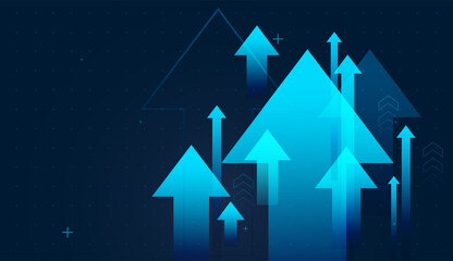 Multiple blue arrows race upward, blue arrows abstract background material design. Overlapping translucent arrows create a sense of accelerating growth