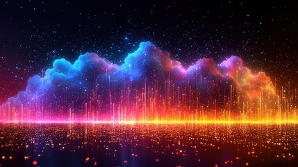 Abstract, vibrant, colorful lights over dark landscape