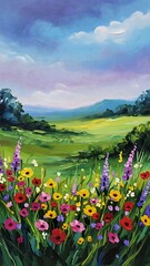 Vibrant Wildflower Meadow Landscape Painting Nature Art