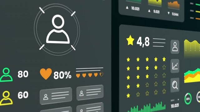 Close up of a personal profile dashboard showing social engagement metrics, star ratings, and percentage data.