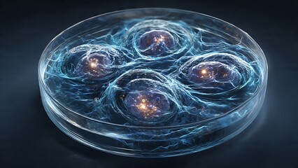 Stunning microscopic view of glowing cells in a petri dish, perfect for scientific research, medical publications, and biotechnology designs