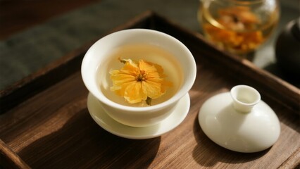 A cup of floral tea with a blooming flower in a white porcelain teacup on a wooden tray