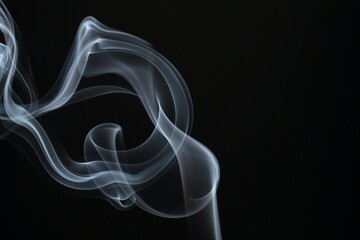 An abstract blue smoke swirl flows in a smooth wave pattern against a black background creating a transparent motion design with artistic incense fumes