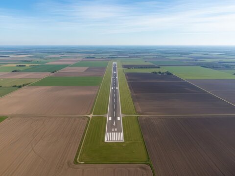 Aerial view of a long straight road through farmland and fields