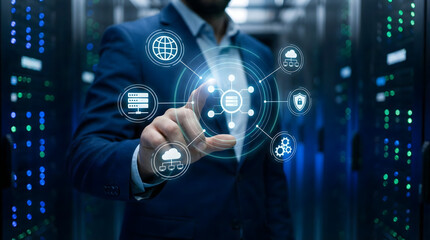 IT professional interacting with holographic nodes in a server room,symbolizing global connectivity,cloud computing infrastructure,future data solutions and digital technology growth.