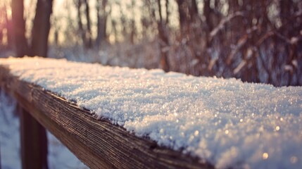 Soft snow accumulating on rough weathered wood fence in soft sunlight