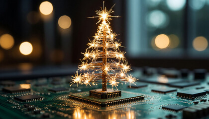 Christmas tree made of sparklers and microchips on the motherboard