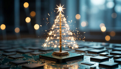 Christmas tree on a computer circuit board. Christmas and New Year concept.