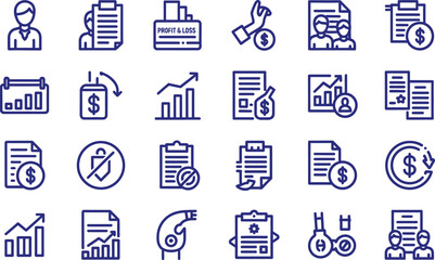 Modern line icons for business and finance, including accounting, financial reports, data analysis, profit and loss, investment, and economic management concepts