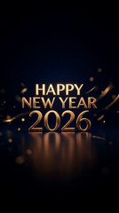 Luxury New Year background with glowing metallic text &ldquo;Happy New Year 2026&rdquo; on dark glossy surface, soft golden bokeh, ideal for festive banners and marketing.
