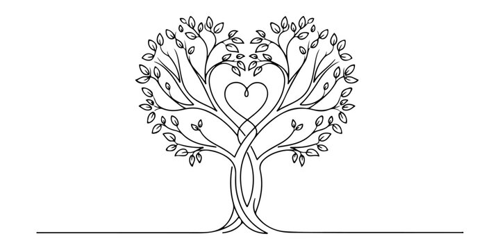 Continuous one line of a heart shaped tree with flowing branches, representing family love and growth, hand drawn vector illustration.