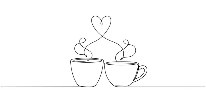 Continuous one line of a two cups forming a heart through steam lines, symbolizing warm love and togetherness, hand drawn vector illustration.