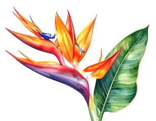 Watercolor painting of a vibrant Bird of Paradise flower and a green leaf