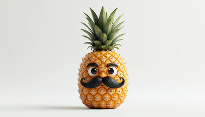 Funny pineapple with mustache on white background. 3D illustration.