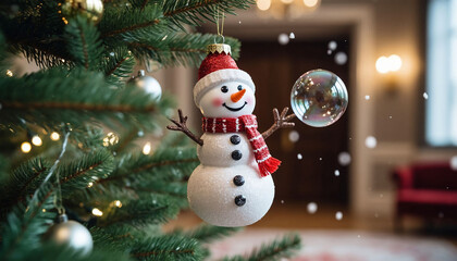 Snowman on the Christmas tree. Christmas and New Year concept.