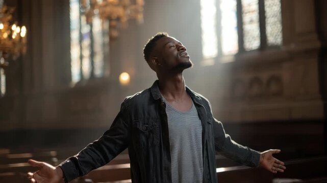 Man Worshiping in a Church with Open Arms and Joyful Expression during Service