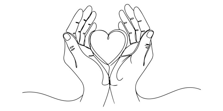 Continuous one line of a simple heart cradle by open hands, representing care and compassion, hand drawn vector illustration.