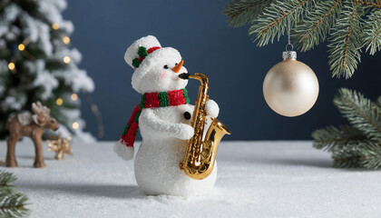 Snowman with saxophone and Christmas tree on snow, Christmas background