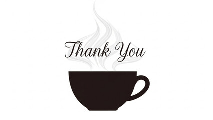 Coffee cup Gratitude: A stylized coffee cup silhouette with steam rising gracefully, above the words 'Thank You'. conveying a message of appreciation and warmth.
