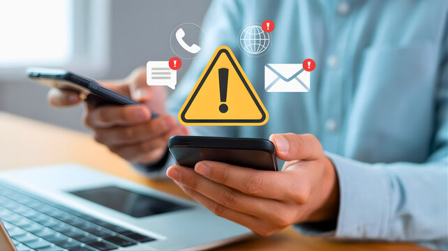 Digital Overload Alert Person Managing Multiple Smartphones While Being Bombarded by Notification Icons and a Prominent Warning Signal