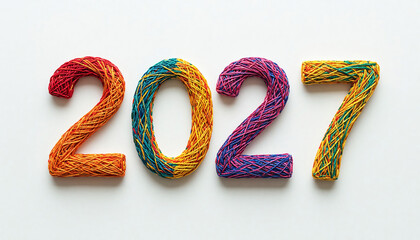 2027 new year made of multicolor yarn on white background