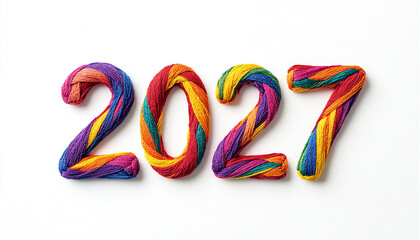 2027 new year made of multicolor yarn on white background