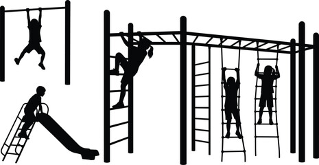 Children playground silhouette, kids climbing monkey bars, outdoor play equipment, active childhood concept, school park fitness activity, adventure fun, recreation design illustration © Arifa